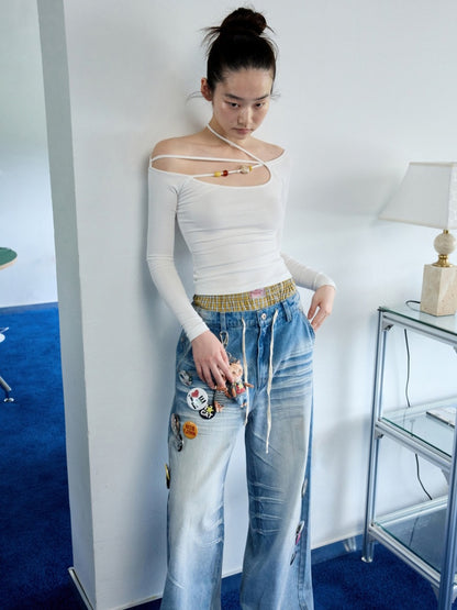 Off Shoulder Beaded Strap Long Sleeved T-Shirt【s0000013386】