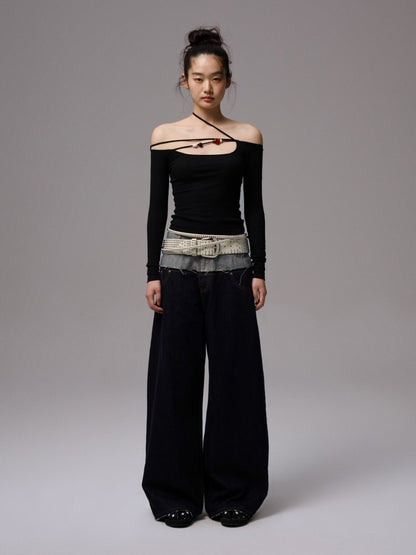 Off Shoulder Beaded Strap Long Sleeved T-Shirt【s0000013386】
