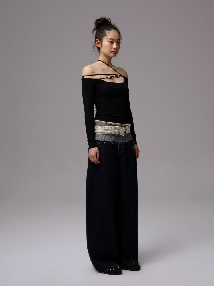 Off Shoulder Beaded Strap Long Sleeved T-Shirt【s0000013386】