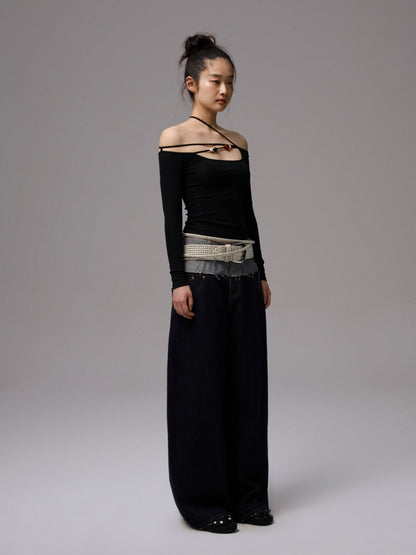Off Shoulder Beaded Strap Long Sleeved T-Shirt【s0000013386】