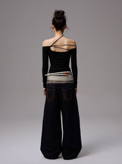 Off Shoulder Beaded Strap Long Sleeved T-Shirt【s0000013386】