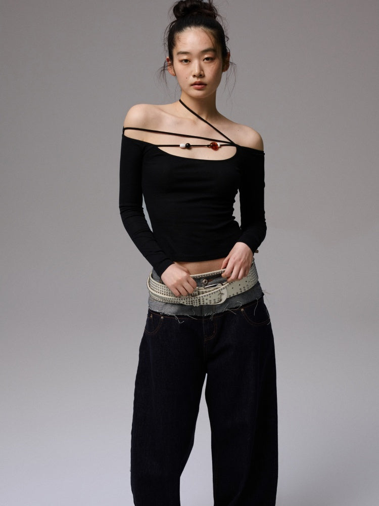Off Shoulder Beaded Strap Long Sleeved T-Shirt【s0000013386】