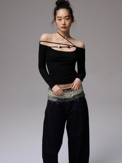 Off Shoulder Beaded Strap Long Sleeved T-Shirt【s0000013386】