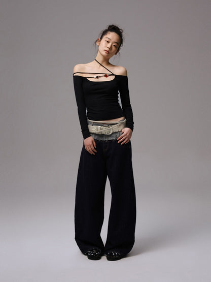 Off Shoulder Beaded Strap Long Sleeved T-Shirt【s0000013386】