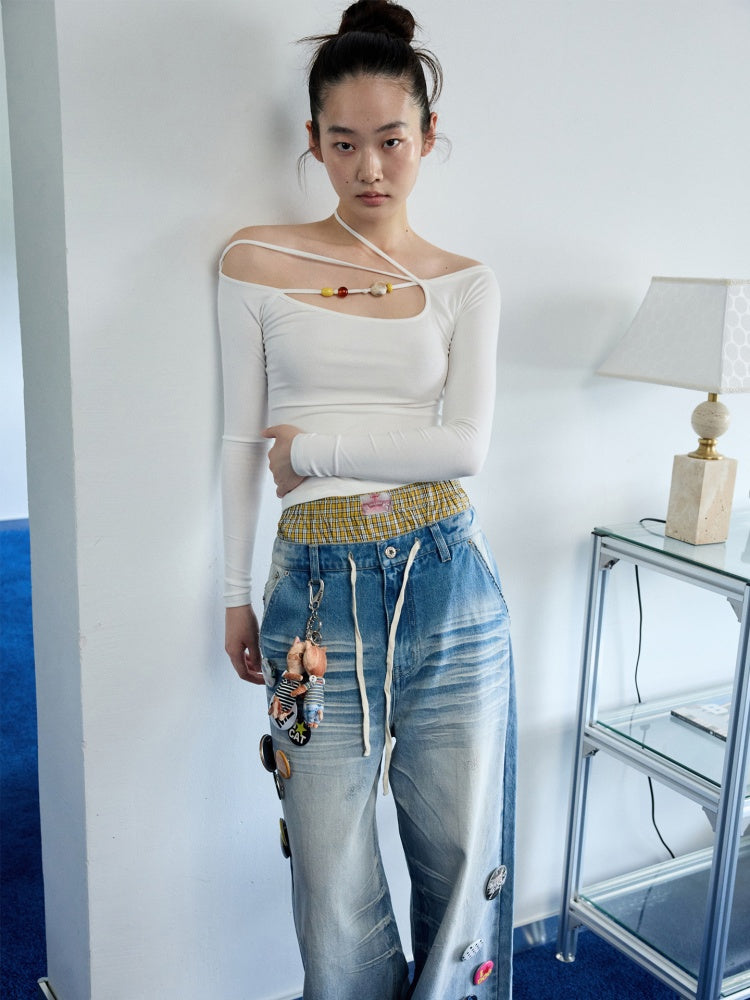Off Shoulder Beaded Strap Long Sleeved T-Shirt【s0000013386】
