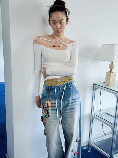 Off Shoulder Beaded Strap Long Sleeved T-Shirt【s0000013386】