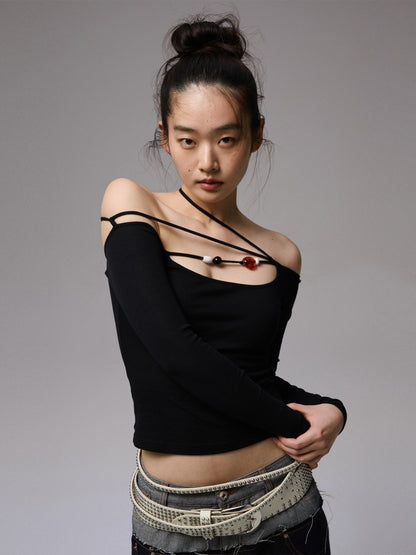 Off Shoulder Beaded Strap Long Sleeved T-Shirt【s0000013386】
