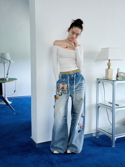 Off Shoulder Beaded Strap Long Sleeved T-Shirt【s0000013386】