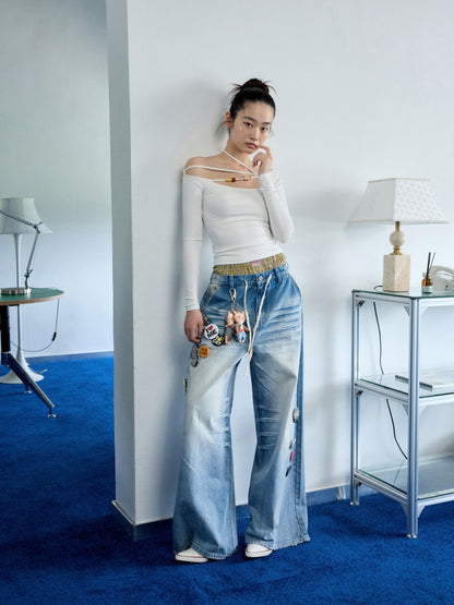 Off Shoulder Beaded Strap Long Sleeved T-Shirt【s0000013386】