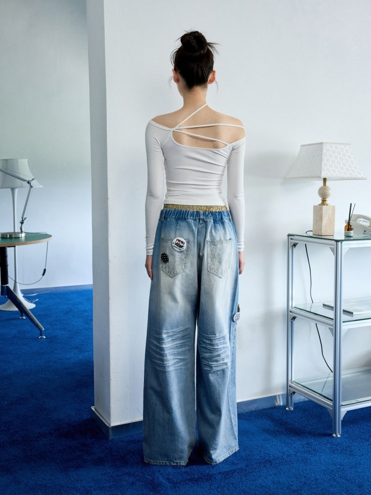 Off Shoulder Beaded Strap Long Sleeved T-Shirt【s0000013386】