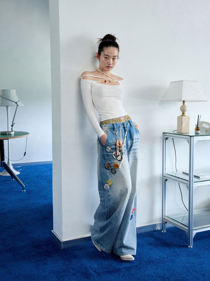 Off Shoulder Beaded Strap Long Sleeved T-Shirt【s0000013386】