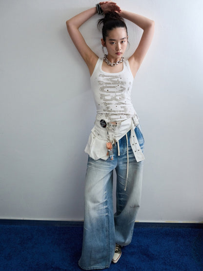 Letter Print Rivet I-Line Tank Top【s0000013387】