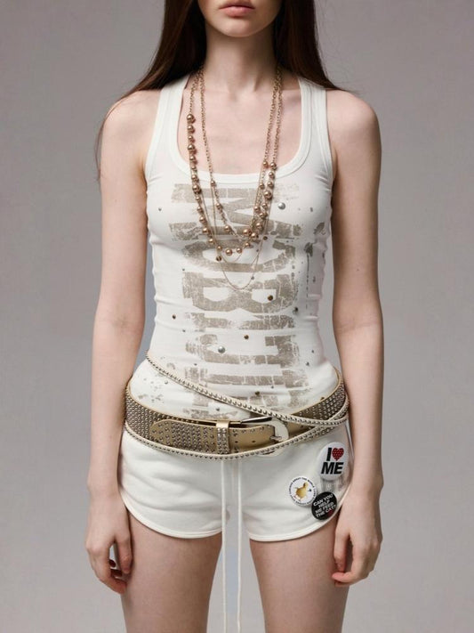 Letter Print Rivet I-Line Tank Top【s0000013387】