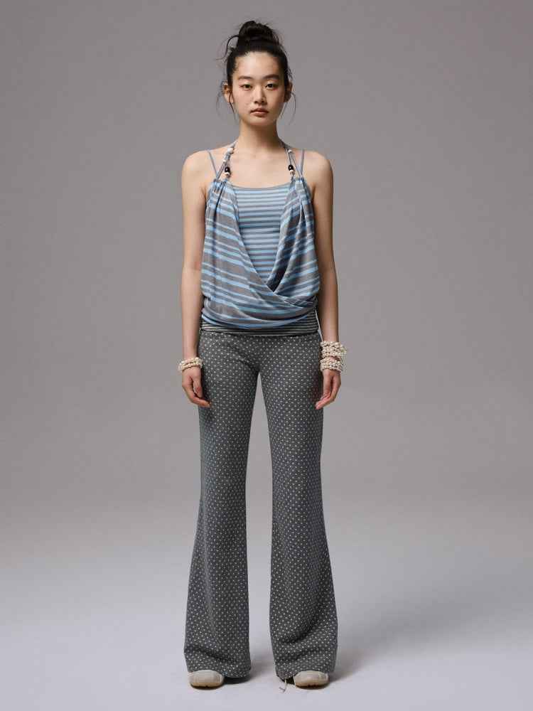 Contrast Stripe Slim Faux  Layered Beaded Halter Neck Camisole【s0000013390】
