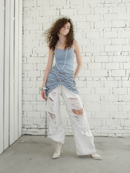 Contrast Stripe Slim Faux  Layered Beaded Halter Neck Camisole【s0000013390】