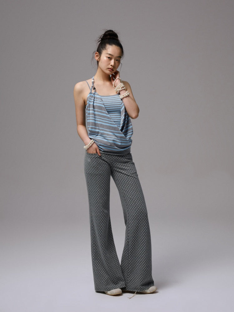 Contrast Stripe Slim Faux  Layered Beaded Halter Neck Camisole【s0000013390】