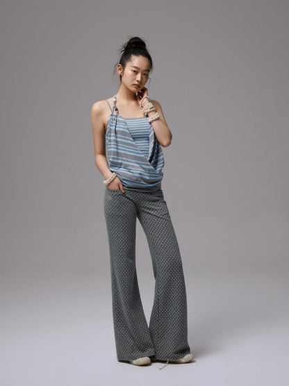 Contrast Stripe Slim Faux  Layered Beaded Halter Neck Camisole【s0000013390】