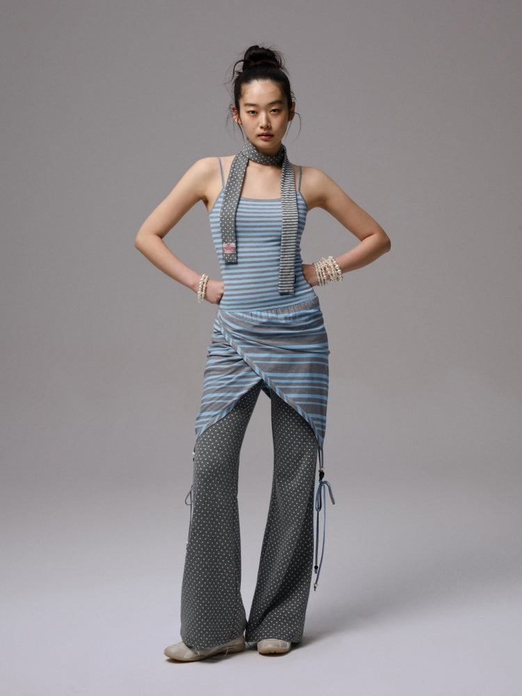 Contrast Stripe Slim Faux  Layered Beaded Halter Neck Camisole【s0000013390】