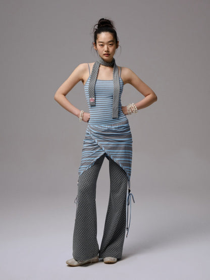 Contrast Stripe Slim Faux  Layered Beaded Halter Neck Camisole【s0000013390】