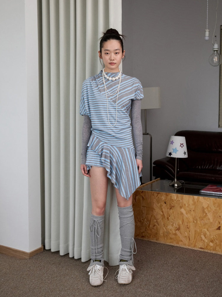 Striped Irregular Patchwork Long Sleeve Dress【s0000013391】