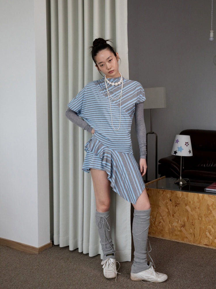 Striped Irregular Patchwork Long Sleeve Dress【s0000013391】