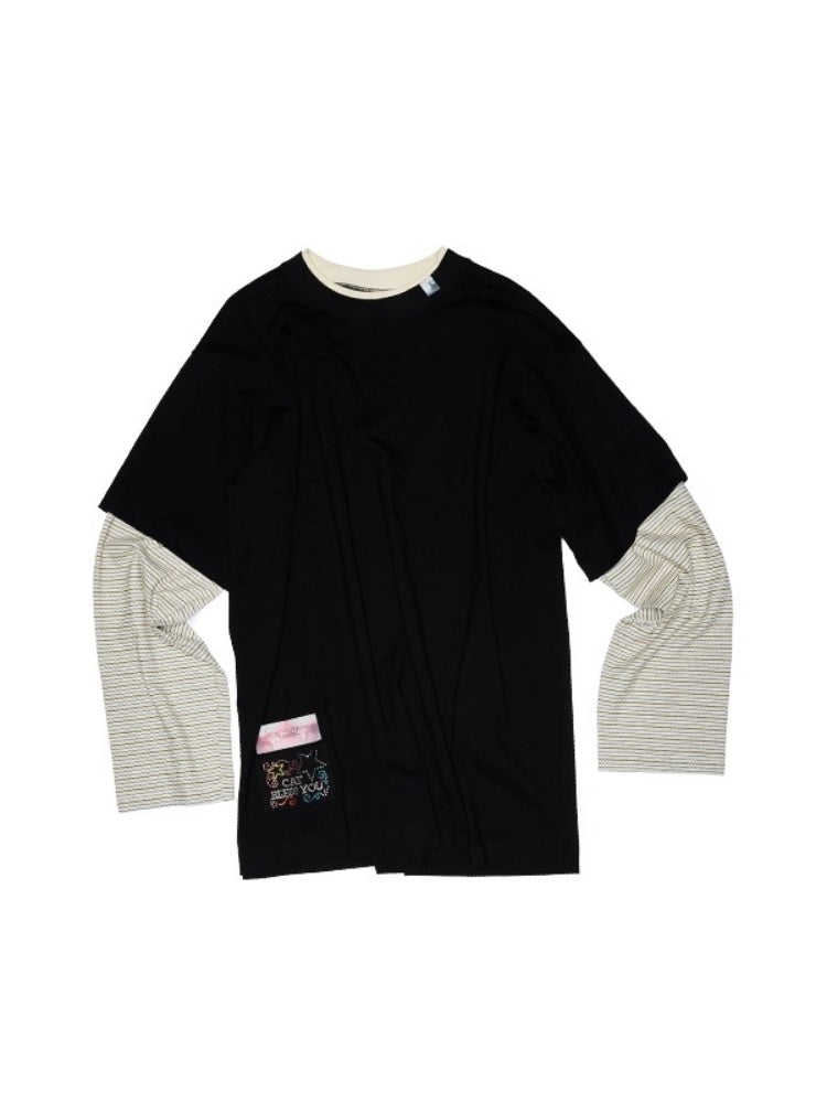 Lazy Contrast Loose Stripe Faux  Layered Long Sleeve T-Shirt【s0000013392】