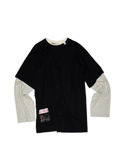 Lazy Contrast Loose Stripe Faux  Layered Long Sleeve T-Shirt【s0000013392】