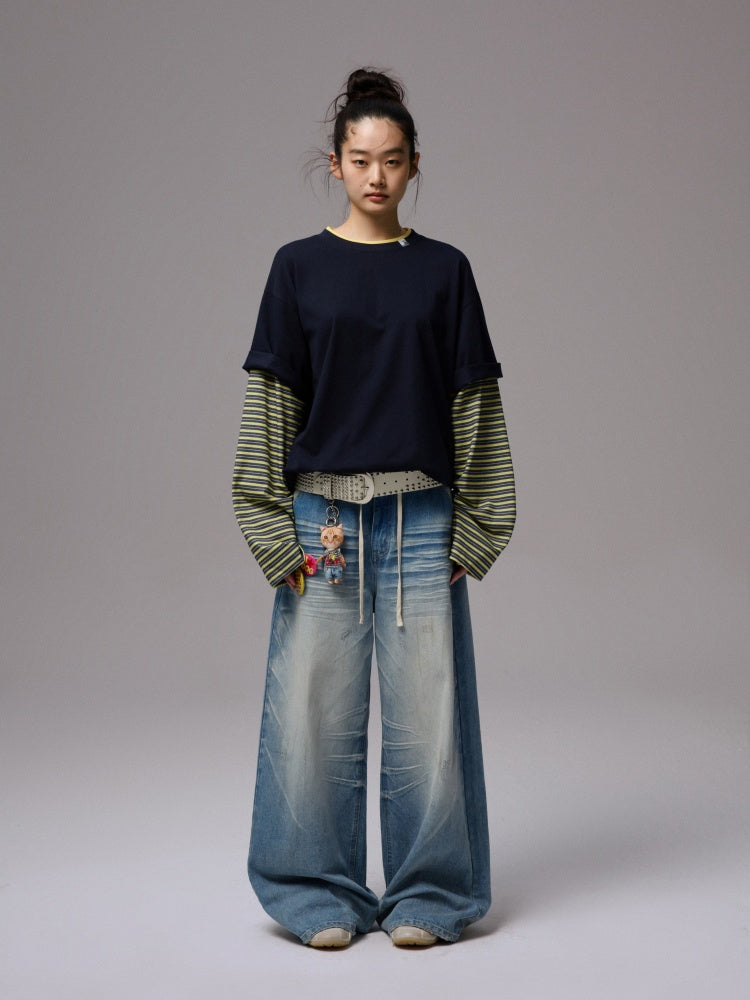 Lazy Contrast Loose Stripe Faux  Layered Long Sleeve T-Shirt【s0000013392】