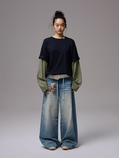 Lazy Contrast Loose Stripe Faux  Layered Long Sleeve T-Shirt【s0000013392】