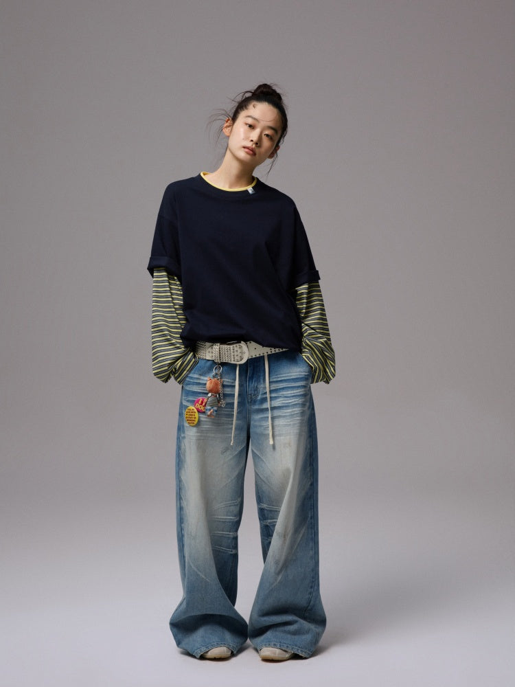 Lazy Contrast Loose Stripe Faux  Layered Long Sleeve T-Shirt【s0000013392】