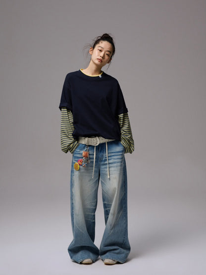 Lazy Contrast Loose Stripe Faux  Layered Long Sleeve T-Shirt【s0000013392】