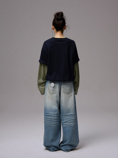 Lazy Contrast Loose Stripe Faux  Layered Long Sleeve T-Shirt【s0000013392】
