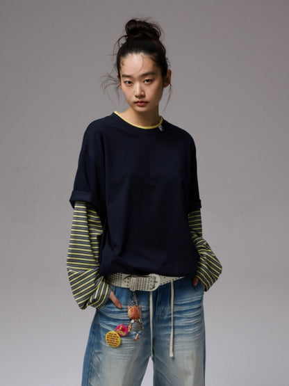 Lazy Contrast Loose Stripe Faux  Layered Long Sleeve T-Shirt【s0000013392】