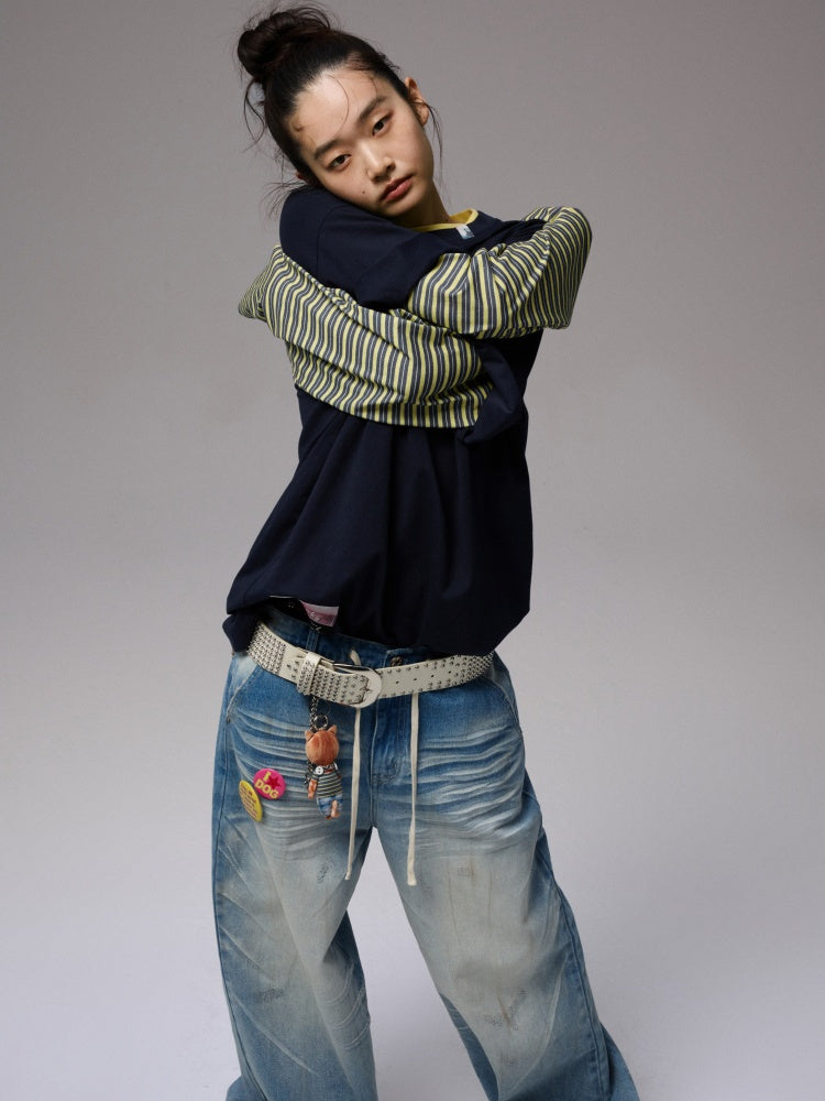 Lazy Contrast Loose Stripe Faux  Layered Long Sleeve T-Shirt【s0000013392】