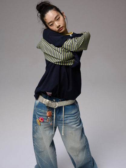 Lazy Contrast Loose Stripe Faux  Layered Long Sleeve T-Shirt【s0000013392】