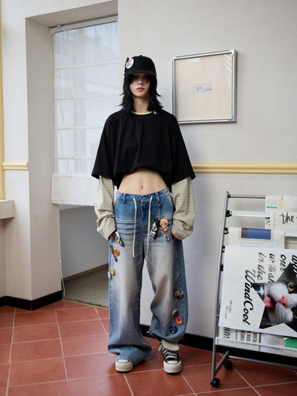 Lazy Contrast Loose Stripe Faux  Layered Long Sleeve T-Shirt【s0000013392】