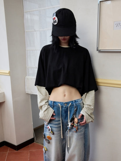Lazy Contrast Loose Stripe Faux  Layered Long Sleeve T-Shirt【s0000013392】