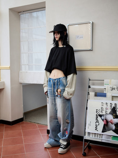Lazy Contrast Loose Stripe Faux  Layered Long Sleeve T-Shirt【s0000013392】