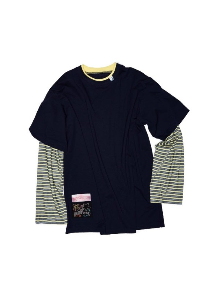 Lazy Contrast Loose Stripe Faux  Layered Long Sleeve T-Shirt【s0000013392】