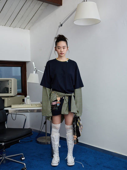 Lazy Contrast Loose Stripe Faux  Layered Long Sleeve T-Shirt【s0000013392】