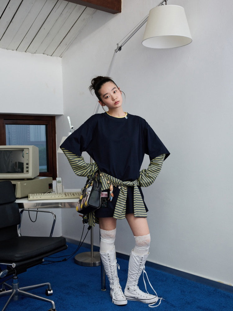 Lazy Contrast Loose Stripe Faux  Layered Long Sleeve T-Shirt【s0000013392】