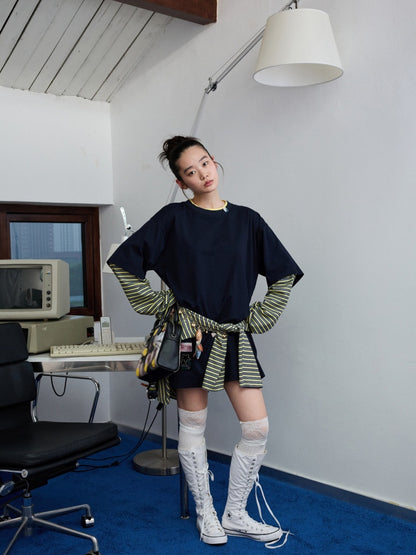 Lazy Contrast Loose Stripe Faux  Layered Long Sleeve T-Shirt【s0000013392】