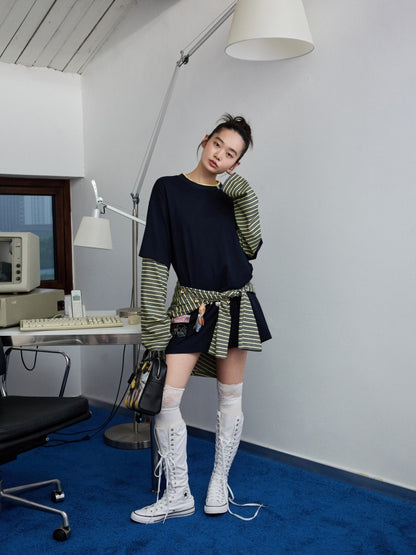 Lazy Contrast Loose Stripe Faux  Layered Long Sleeve T-Shirt【s0000013392】