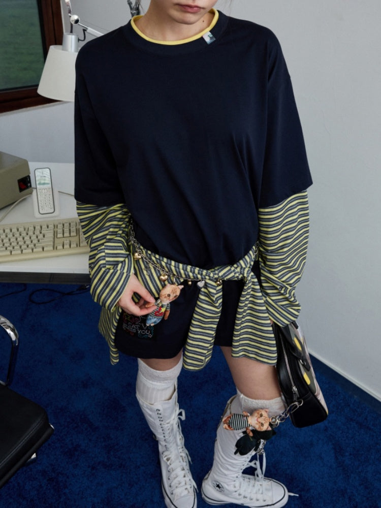 Lazy Contrast Loose Stripe Faux  Layered Long Sleeve T-Shirt【s0000013392】