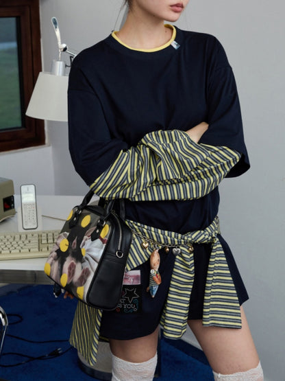 Lazy Contrast Loose Stripe Faux  Layered Long Sleeve T-Shirt【s0000013392】