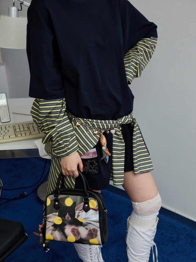 Lazy Contrast Loose Stripe Faux  Layered Long Sleeve T-Shirt【s0000013392】