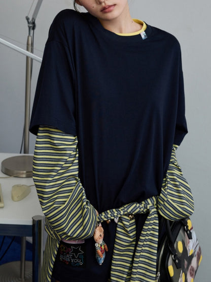Lazy Contrast Loose Stripe Faux  Layered Long Sleeve T-Shirt【s0000013392】