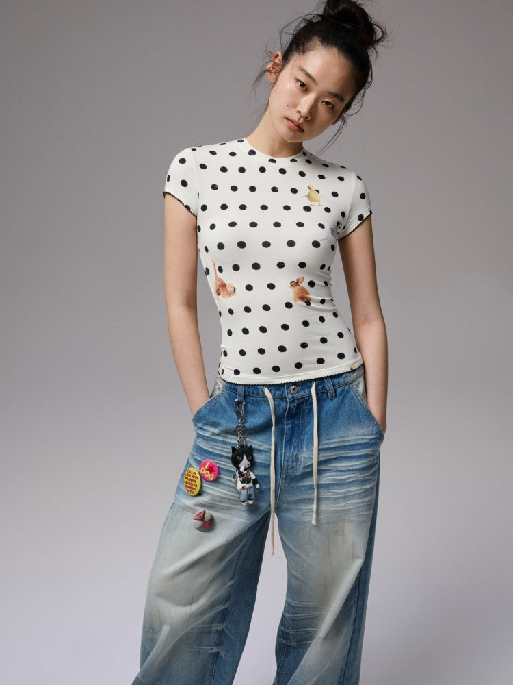 Animal Polka Dot Print Crew Neck Short Sleeve T-Shirt【s0000013393】