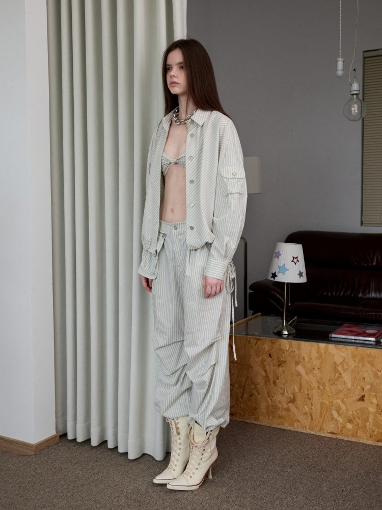 Lazy Striped Flower Bud Loose Shirt & Bra & Cargo Pants【s0000013394】