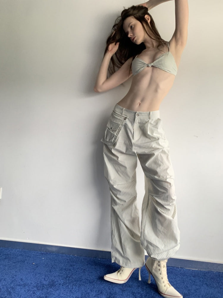 Lazy Striped Flower Bud Loose Shirt & Bra & Cargo Pants【s0000013394】